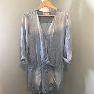 Light washed chambray shorts romper; Anthropologie